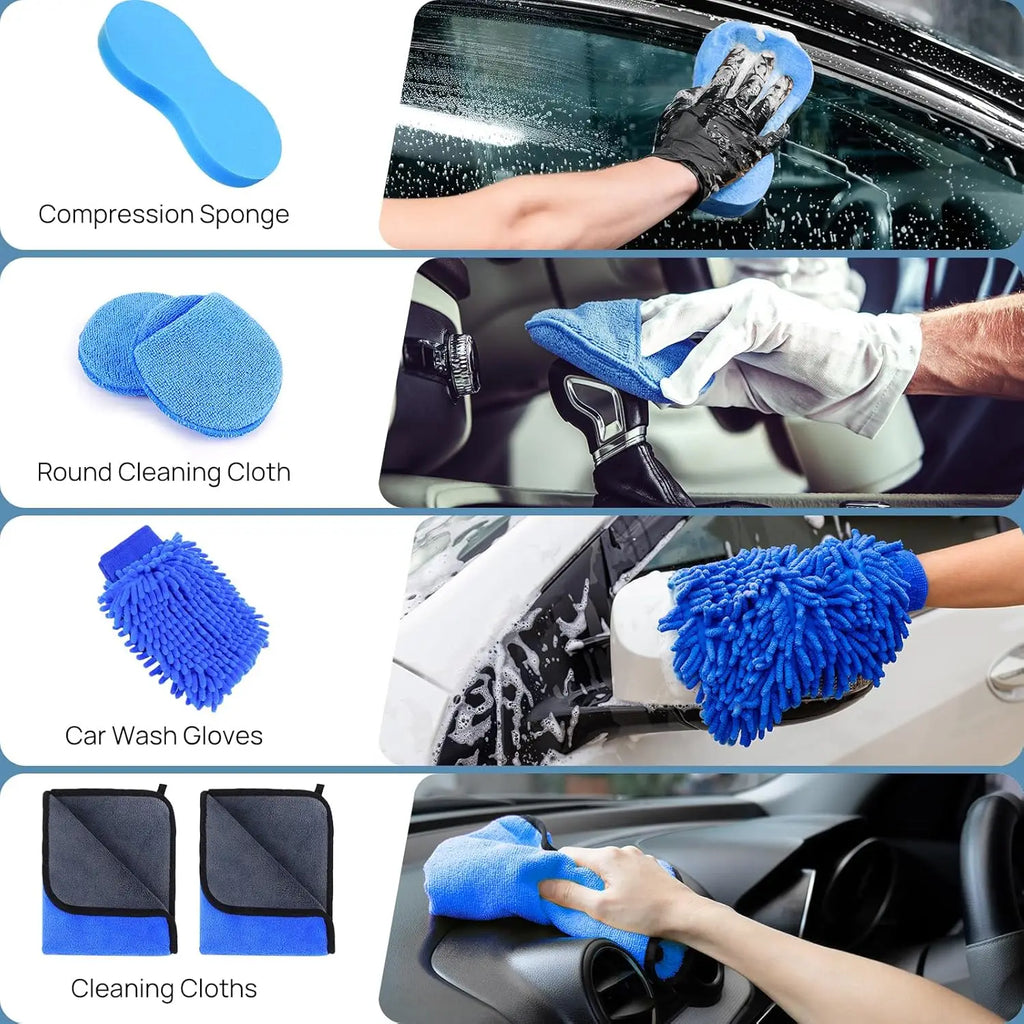 Blue car detailing kit showing blue sponge, round cloths, noodle wash mitt, and dual-tone cleaning cloths in use.