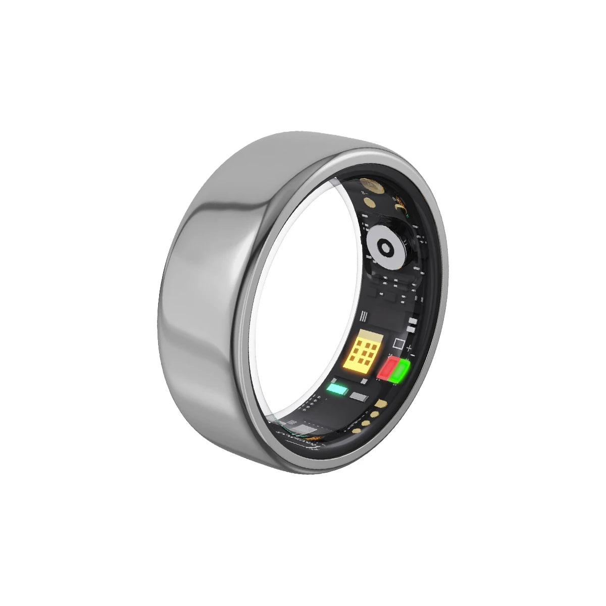 Sleek silver smart ring, showing interior health and sleep tracking sensors with glowing green and orange lights.