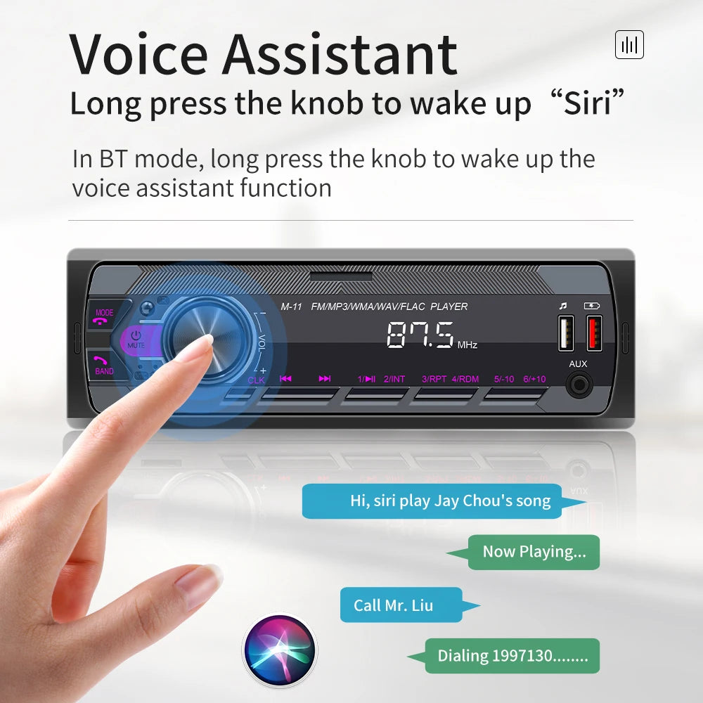 Podofo 1 DIN car stereo in black with digital display, volume knob, dual USB ports, and AUX input.