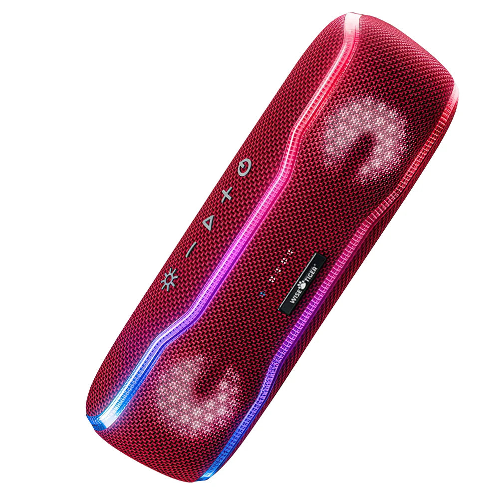 Red, fabric-covered portable Bluetooth speaker with integrated LED light strips and top-mounted control buttons.