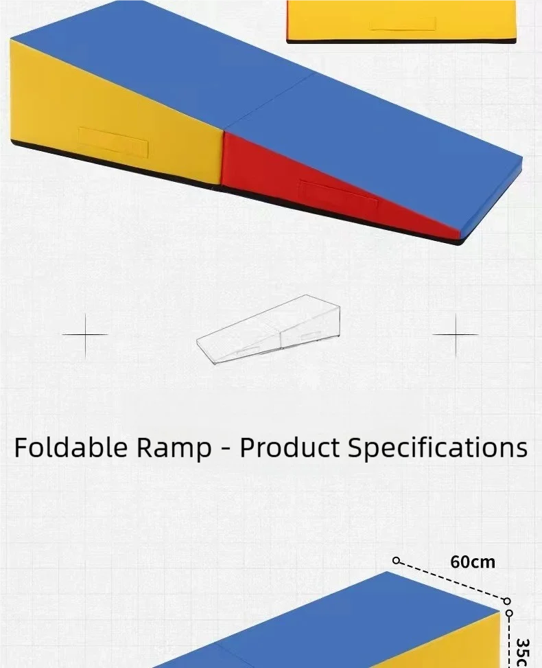 Foldable gymnastics wedge mat in blue, yellow, and red with carry handles and technical measurement diagrams.