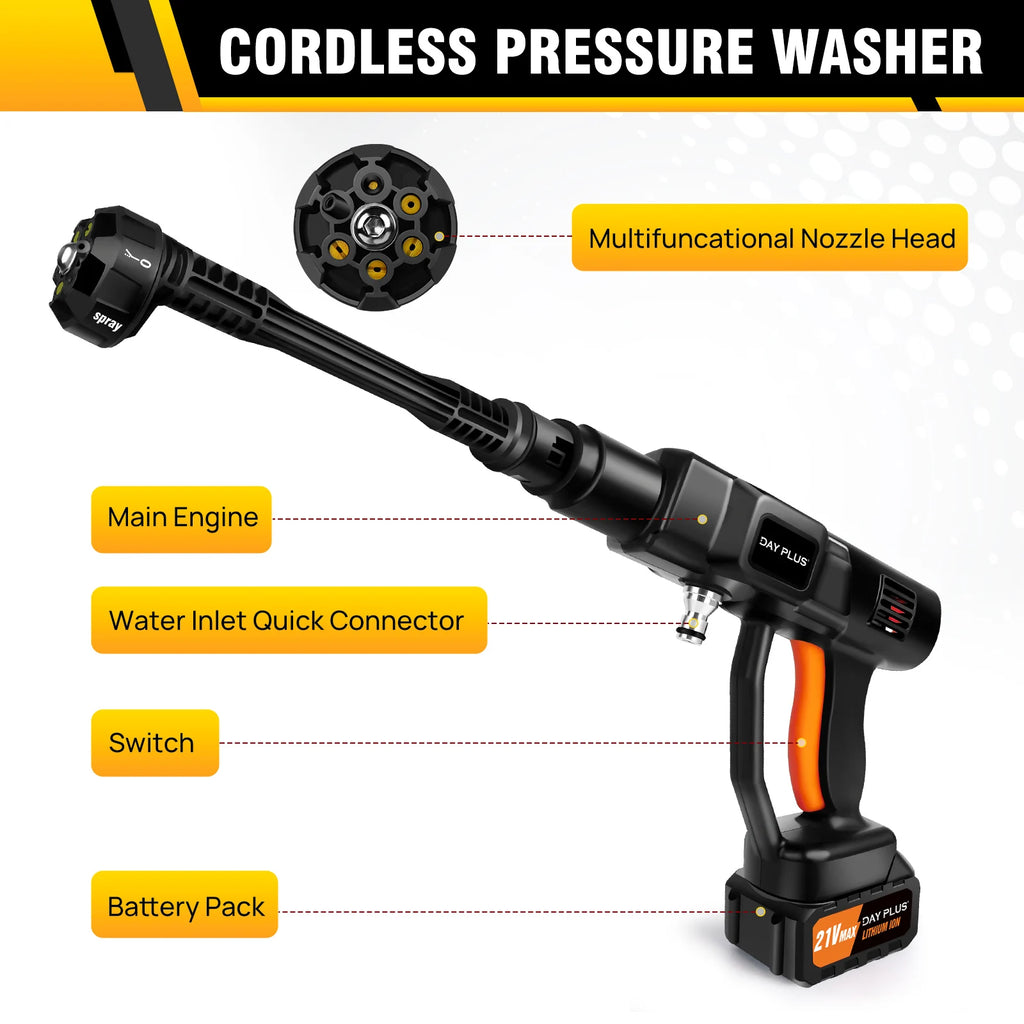 Black and orange cordless pressure washer with 6-in-1 nozzle, main engine, water inlet, switch, and battery pack.