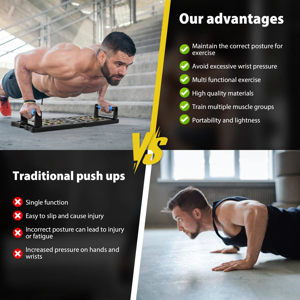Black foldable push-up board with blue handles, used by a man doing push-ups.