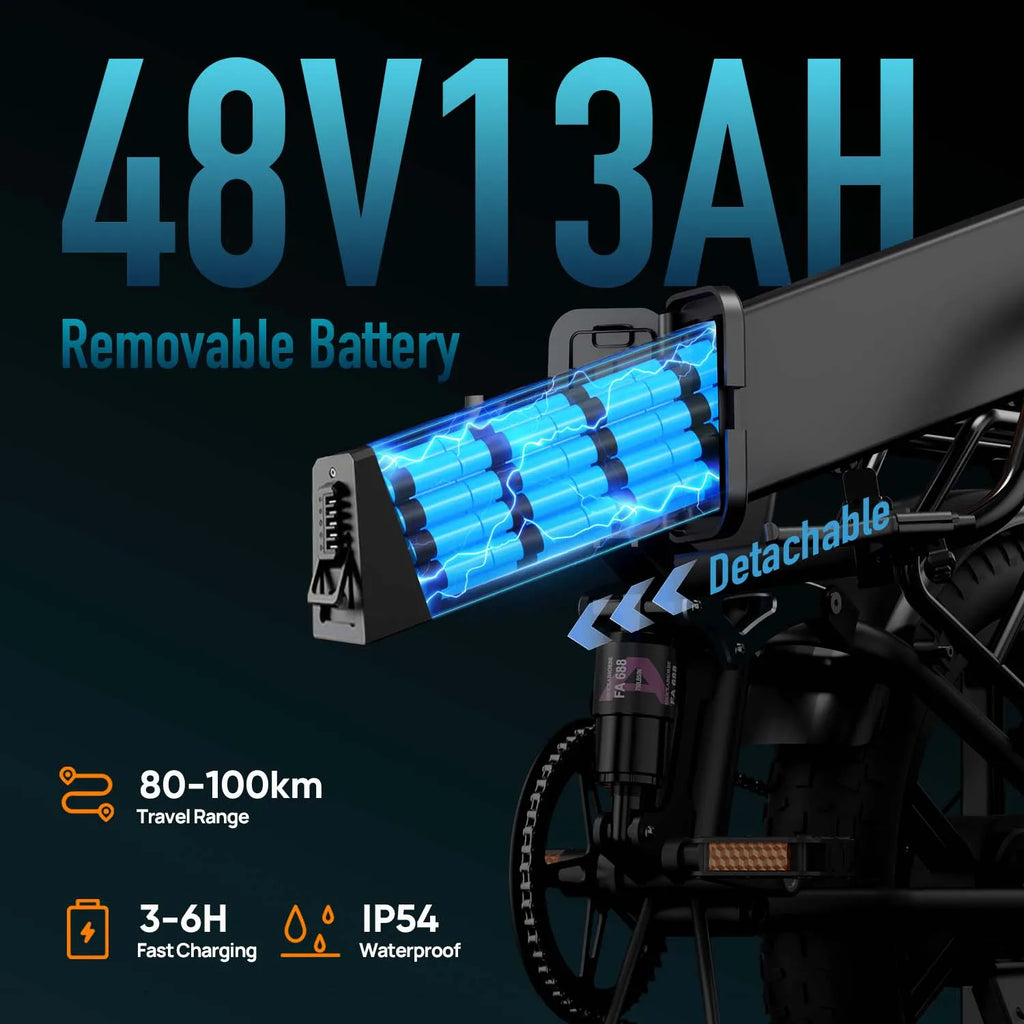 Black removable 48V 13Ah ebike battery sliding out of Urlife electric mountain bike frame.