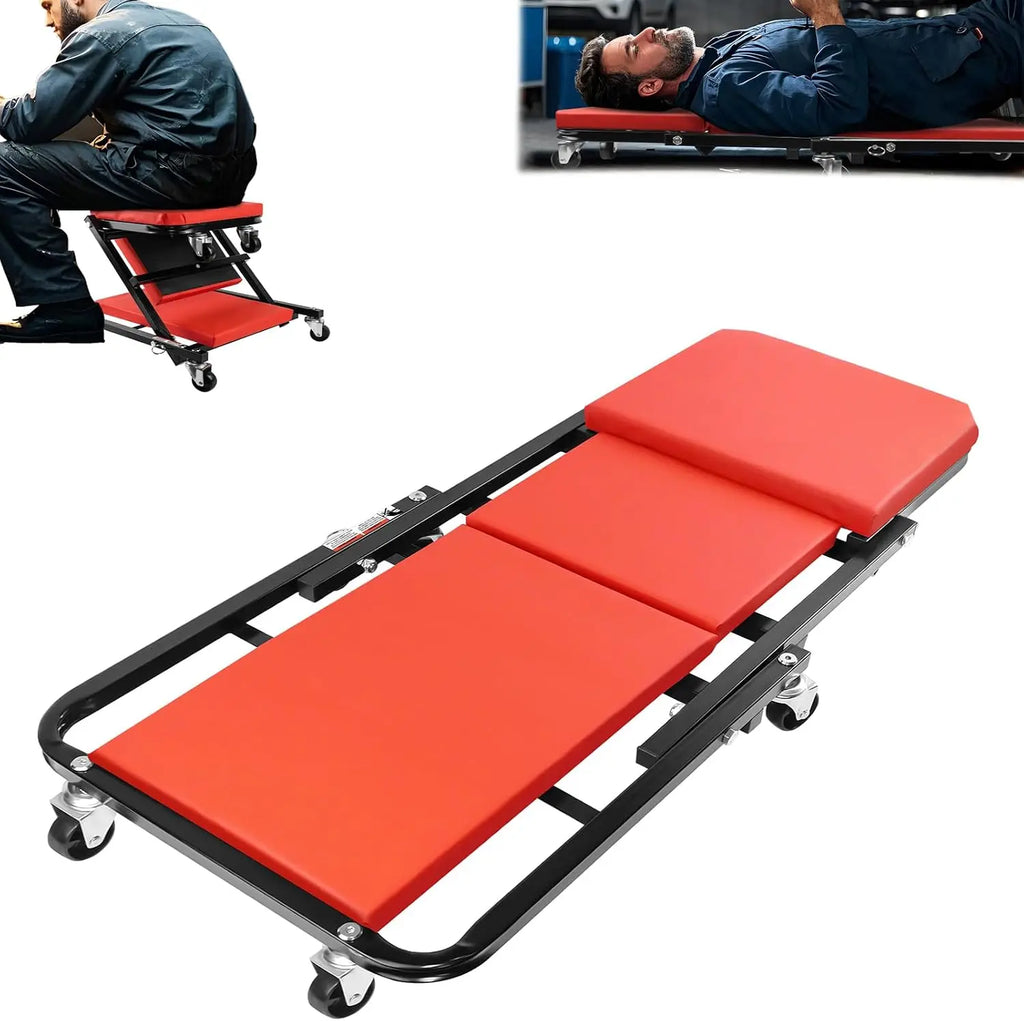 Red and black 2-in-1 folding car creeper and mechanic stool with swivel wheels and padded cushions.
