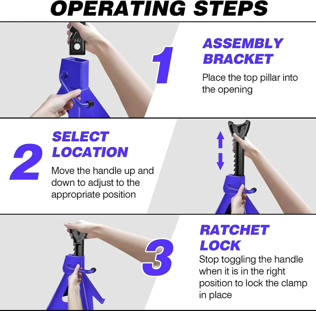 Blue and black heavy-duty ratchet axle jack stand showing three operating steps for assembly, height adjustment, and locking.