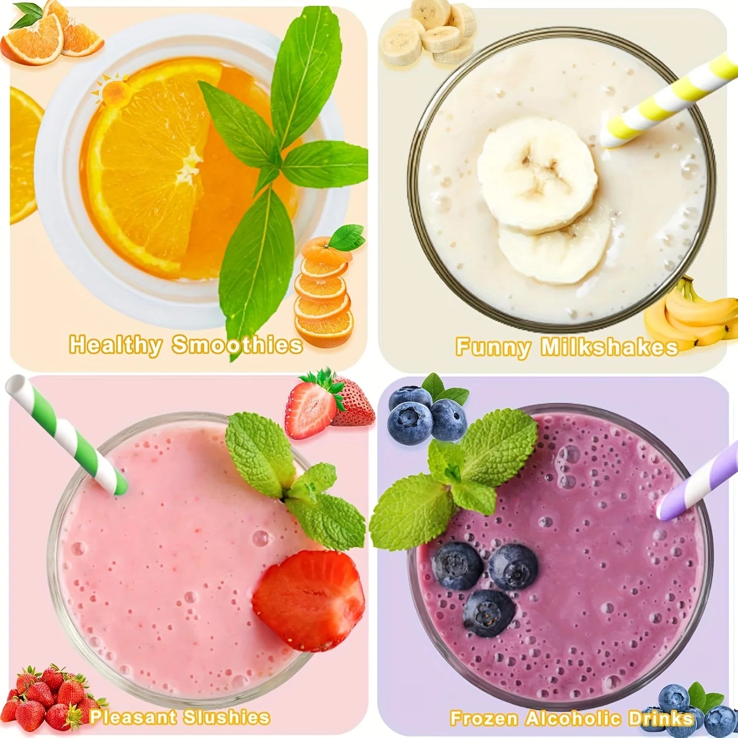 Four cups filled with colourful smoothies, milkshakes, and slushies, garnished with fresh fruit and striped straws.