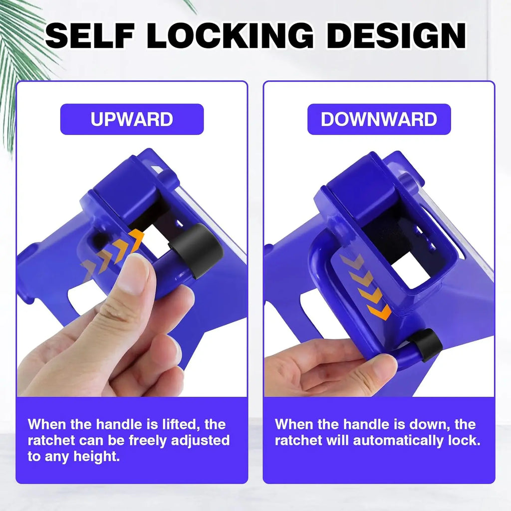 Blue heavy duty ratchet jack stand showing self-locking upward and downward handle mechanism.