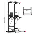 Black multi-function power tower with pull-up bar, dip handles, and height dimensions.