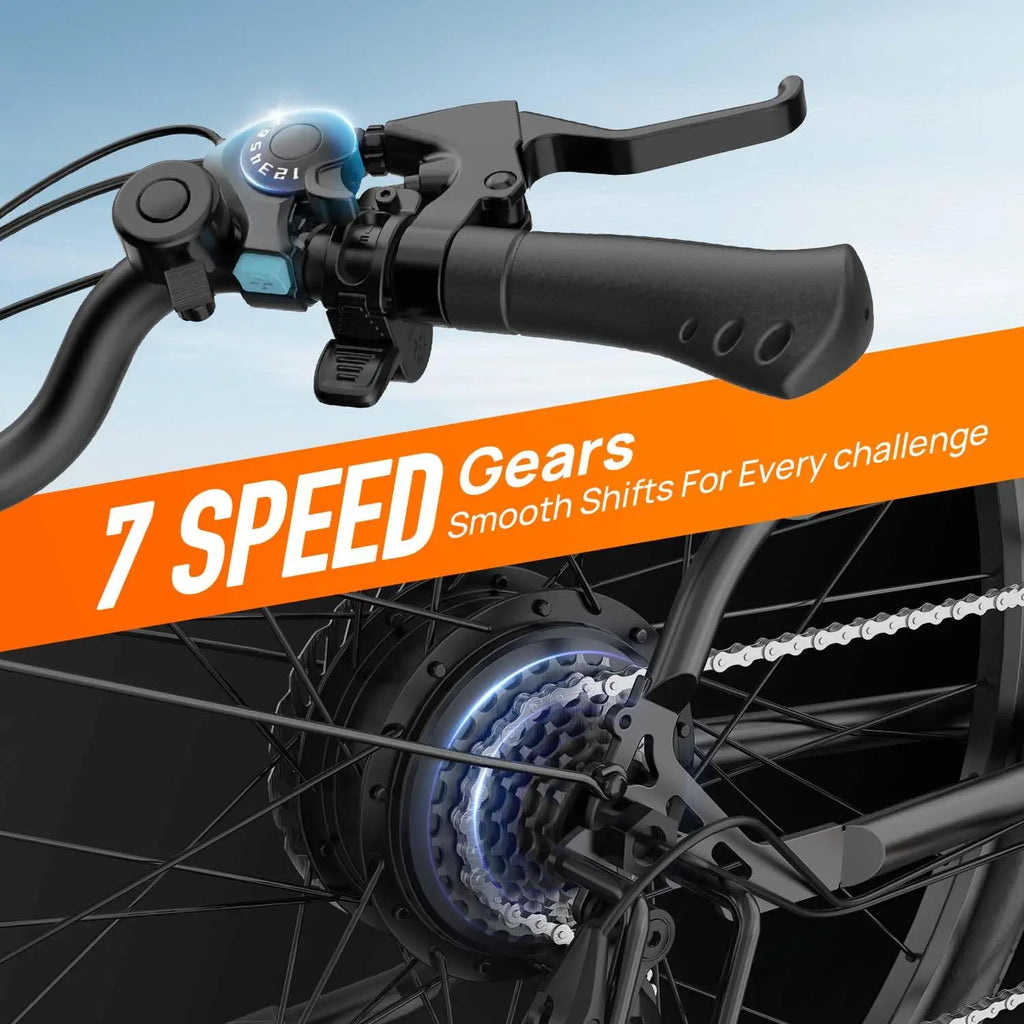 Black Urlife E26 electric bike showing 7-speed shifter, handlebar grip, and rear hub motor with gears.
