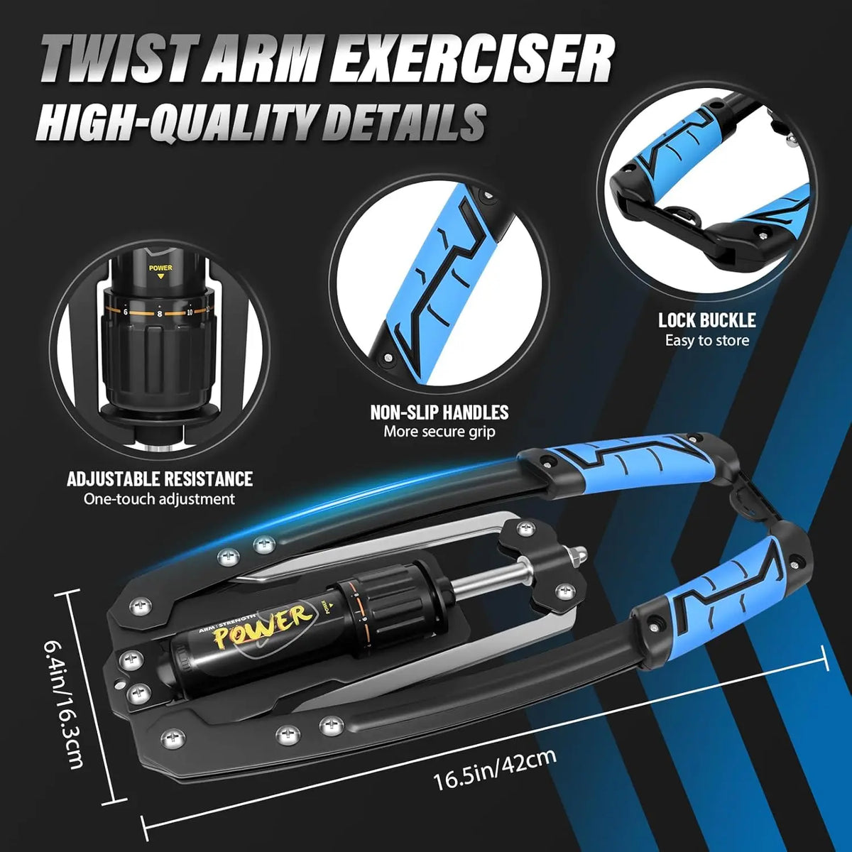 Blue and black hydraulic arm exerciser with adjustable resistance knob, non-slip handles, and lock buckle.