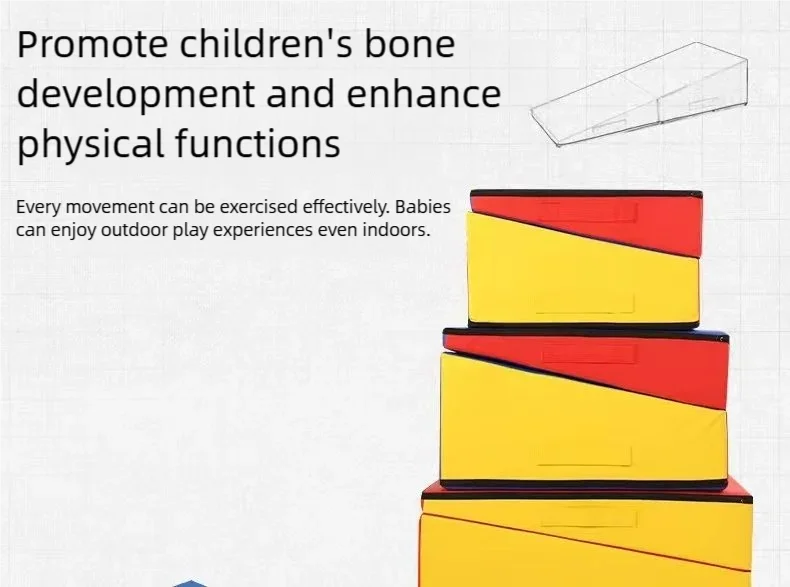 A stack of three bright red and yellow foldable wedge tumbling mats for children's indoor gymnastics training.