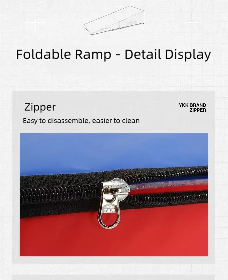 Close-up of a durable metal zip on a blue and red foldable gymnastics wedge mat, designed for easy maintenance.