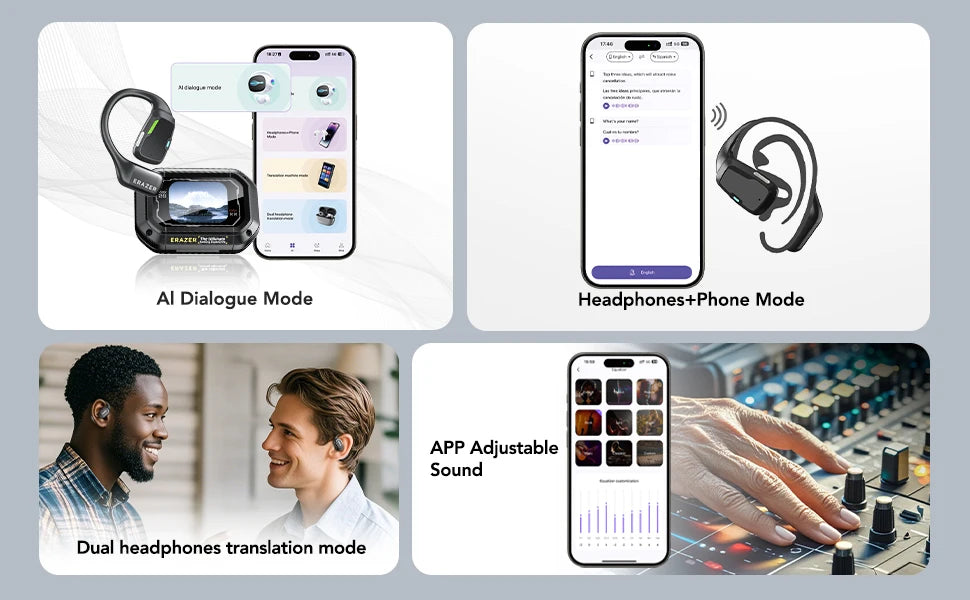 Black bone conduction-style earphones with a charging case, shown with a smartphone app for translation and sound EQ.