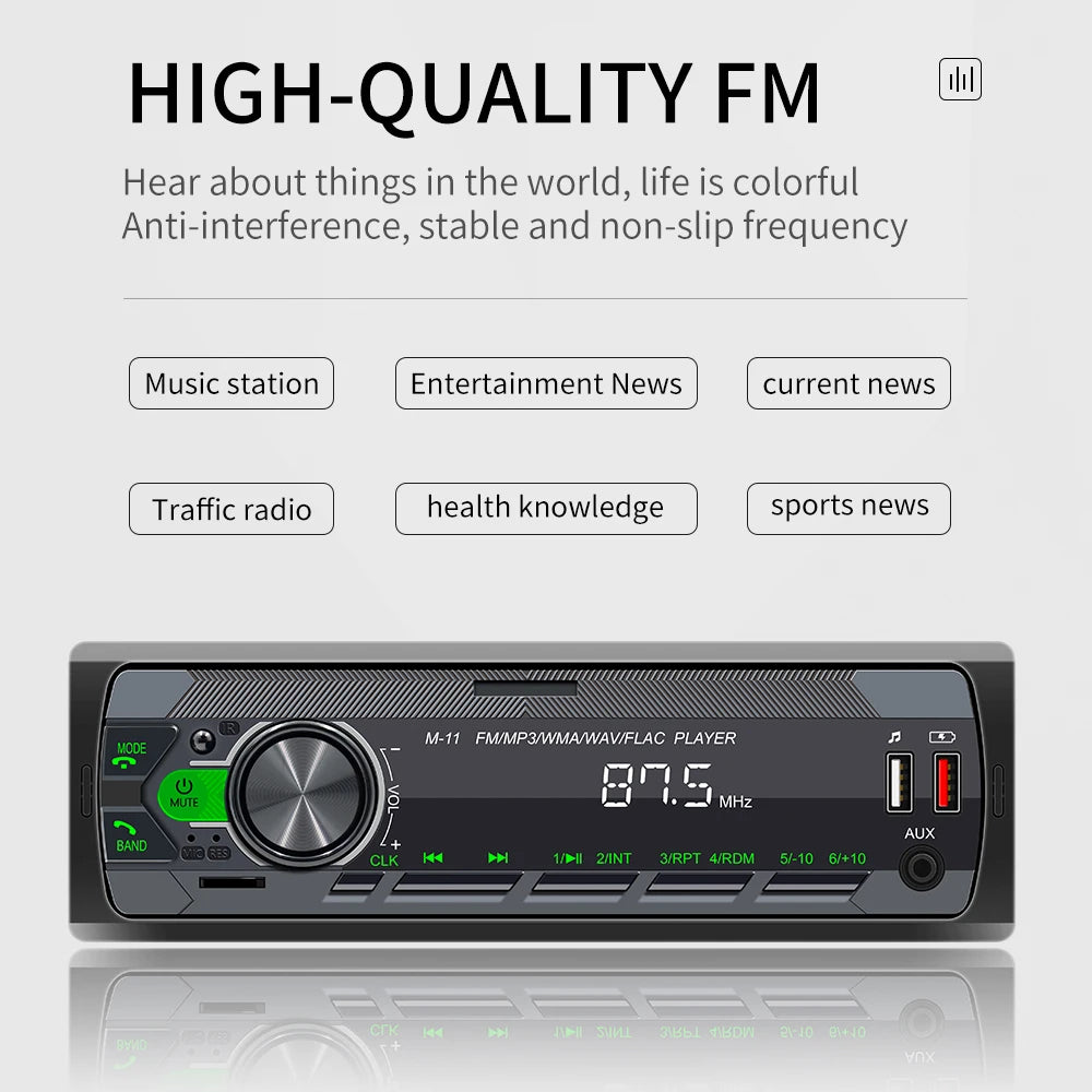 Podofo 1 DIN black car stereo with digital LCD screen, volume knob, green buttons, USB ports, and AUX input.