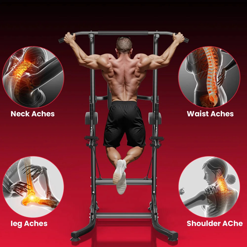 Black multi-function power tower with a pull-up bar, dip station, and push-up handles, used for fitness workouts.