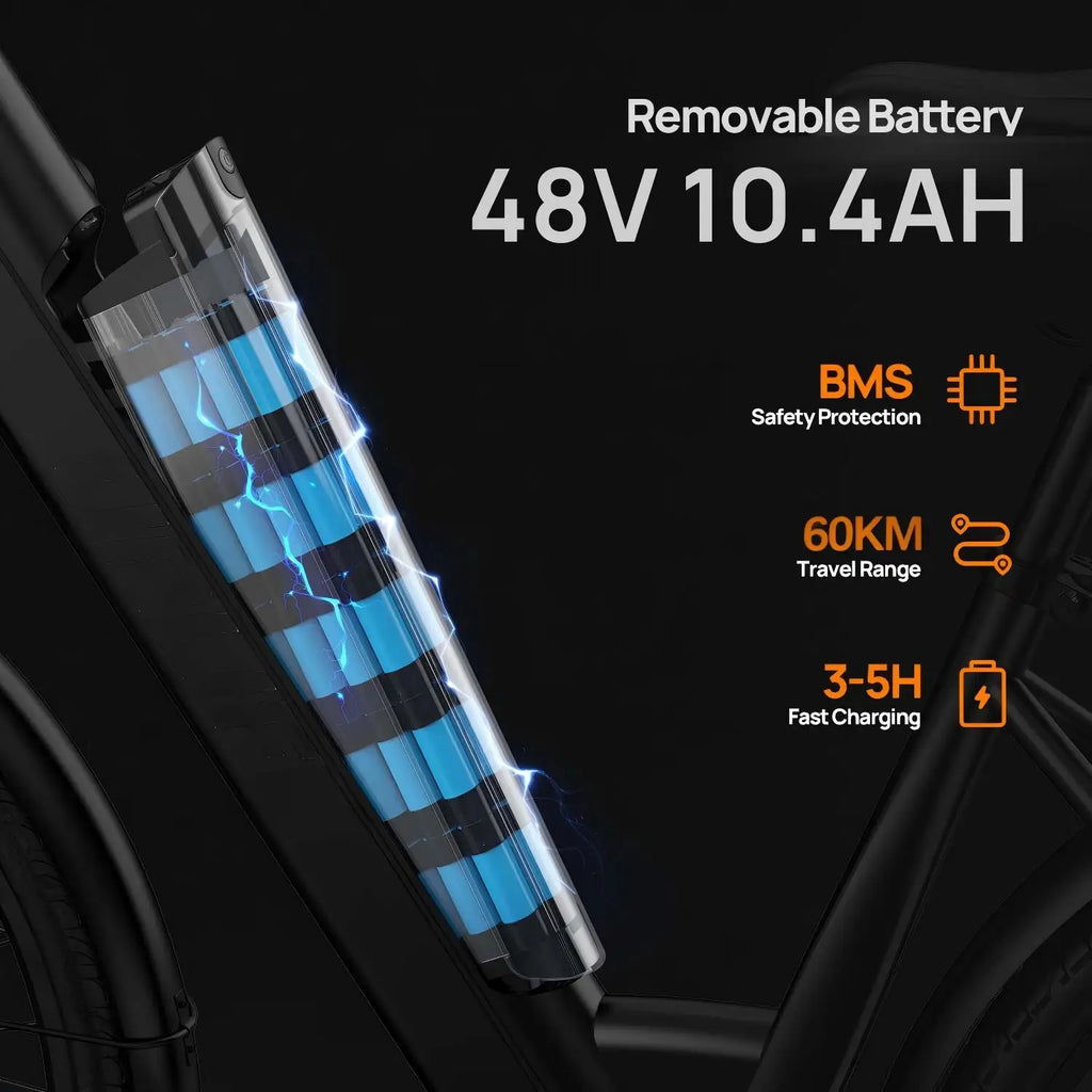 Urlife E26 electric bike black frame showing a transparent 48V 10.4Ah removable battery with visible cells.