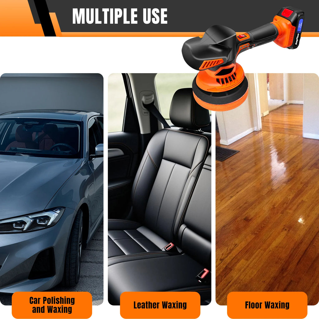 Black and orange cordless car polisher shown polishing a car, leather seats, and hardwood floors.