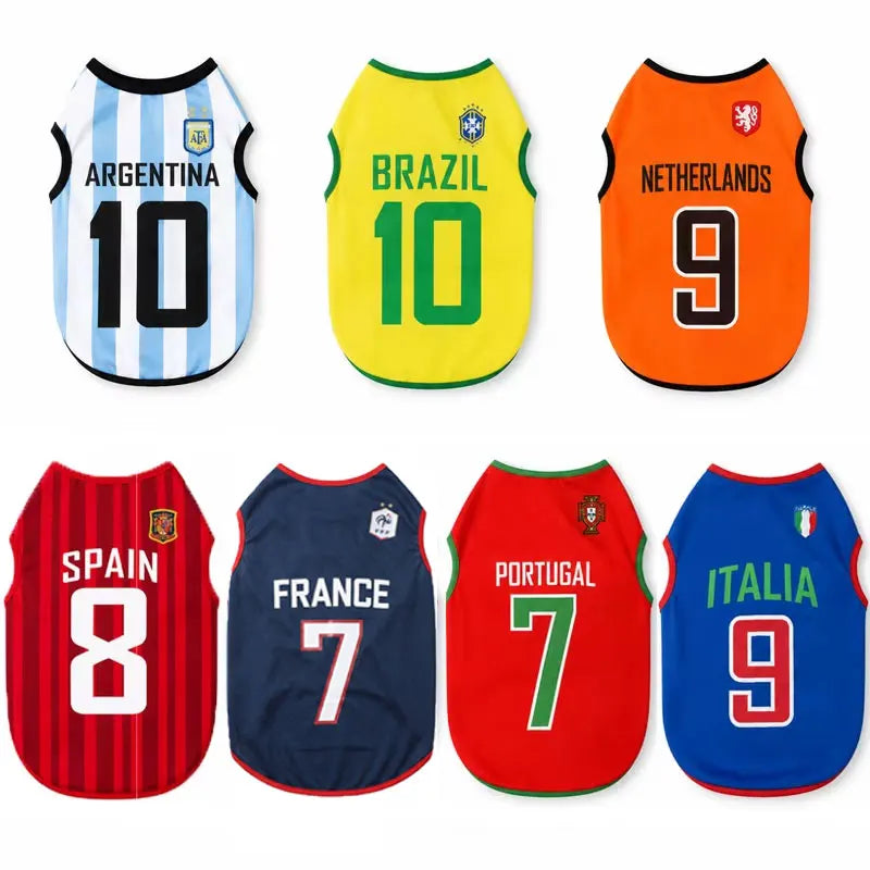 Set of 8 colorful mesh dog sport jerseys with country names, crests, and printed numbers.