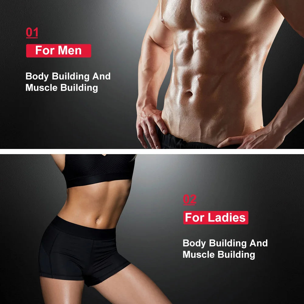 Fit man and woman showcasing toned physiques, with text overlays for men and ladies bodybuilding.