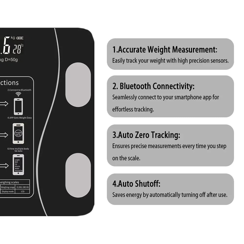 Black digital body fat scale with a lighted display, four oval silver sensors, and feature text on the right.