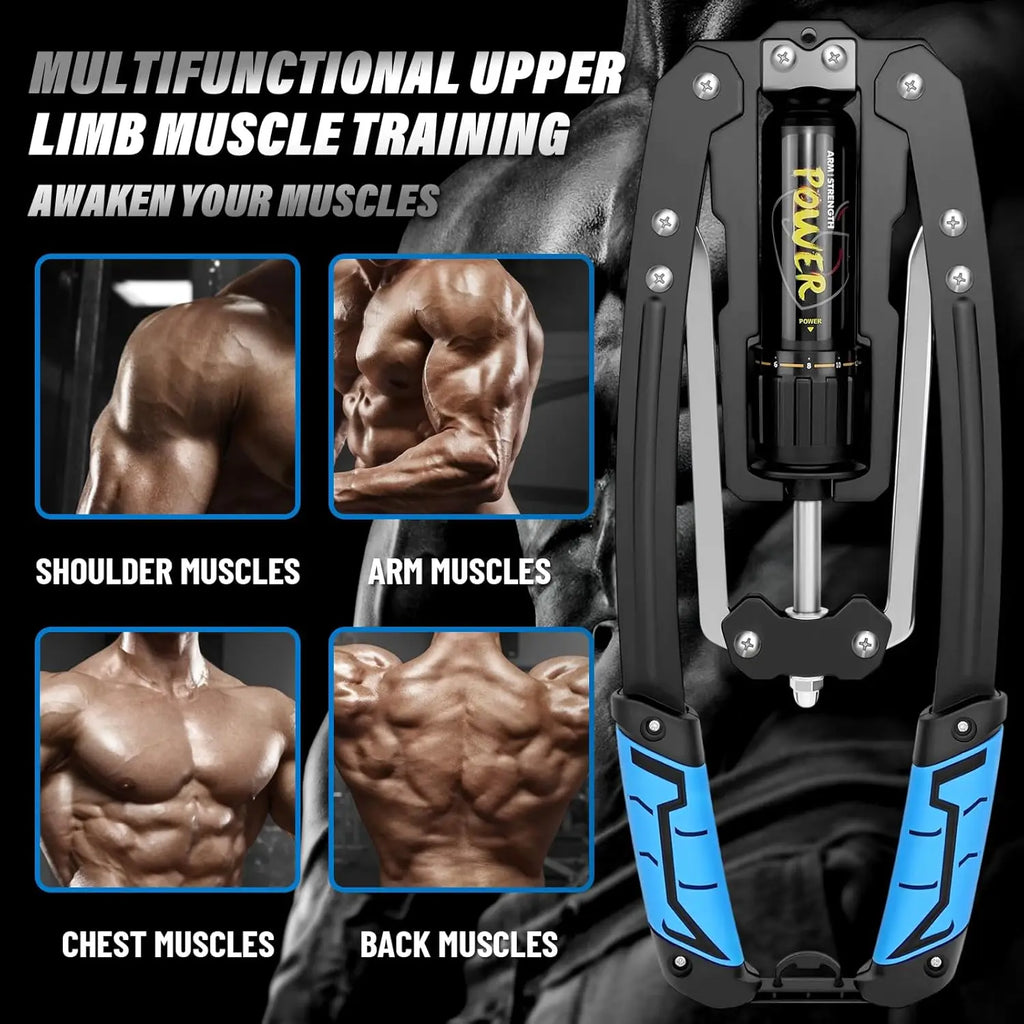 Black and blue hydraulic arm exerciser with central adjustable resistance cylinder and dual handles.