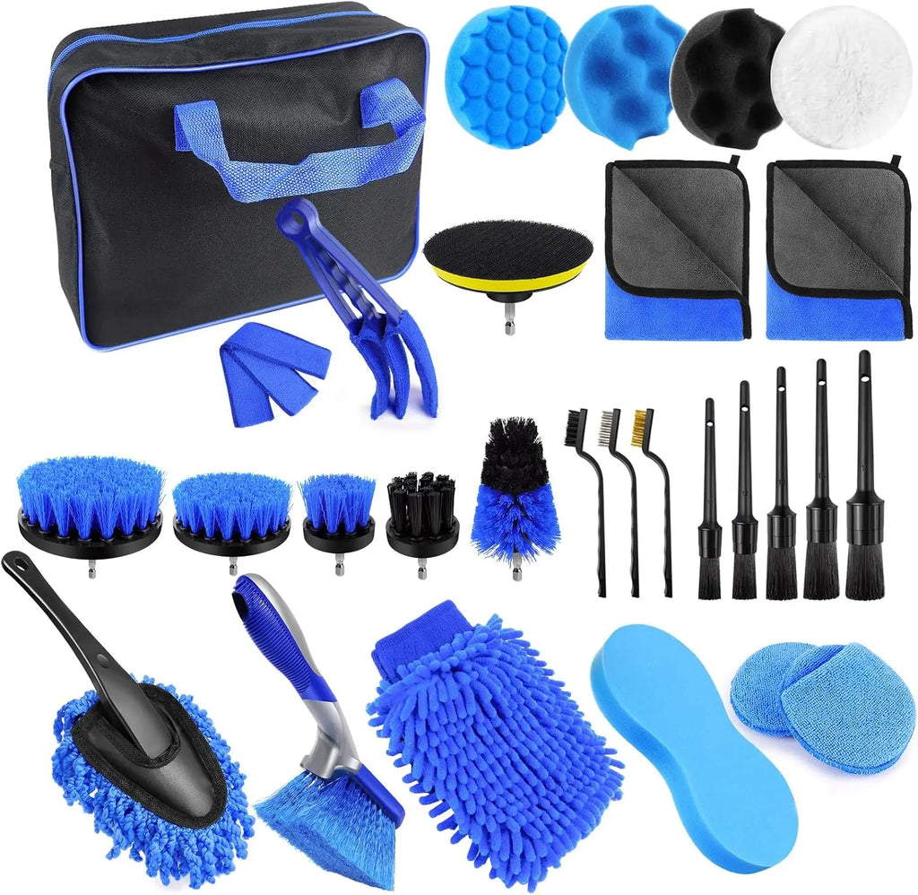 29-piece car detailing kit featuring blue and black brushes, microfiber cloths, sponges, and a storage bag.