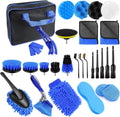 29-piece car detailing kit featuring blue and black brushes, microfiber cloths, sponges, and a storage bag.