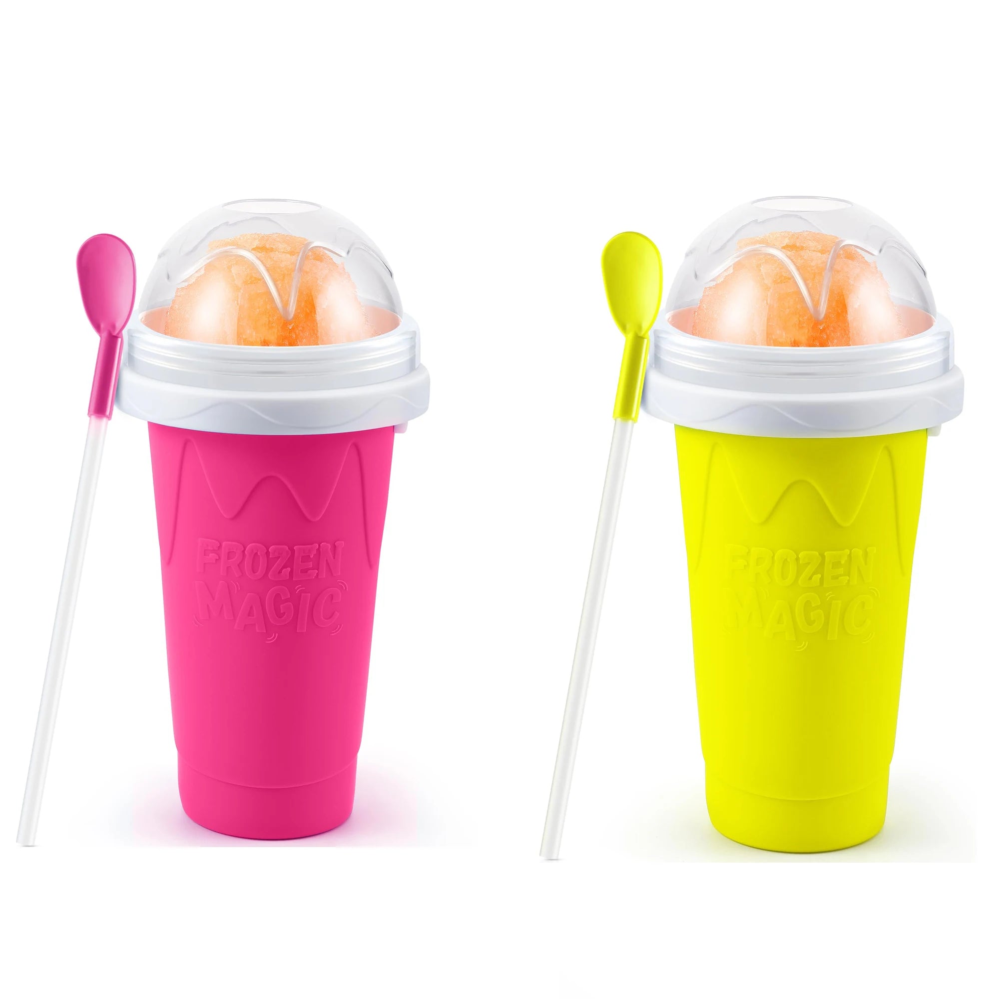 Two DIY slushy maker squeeze cups in bright pink and yellow, each with a matching spoon-straw and clear dome lid.