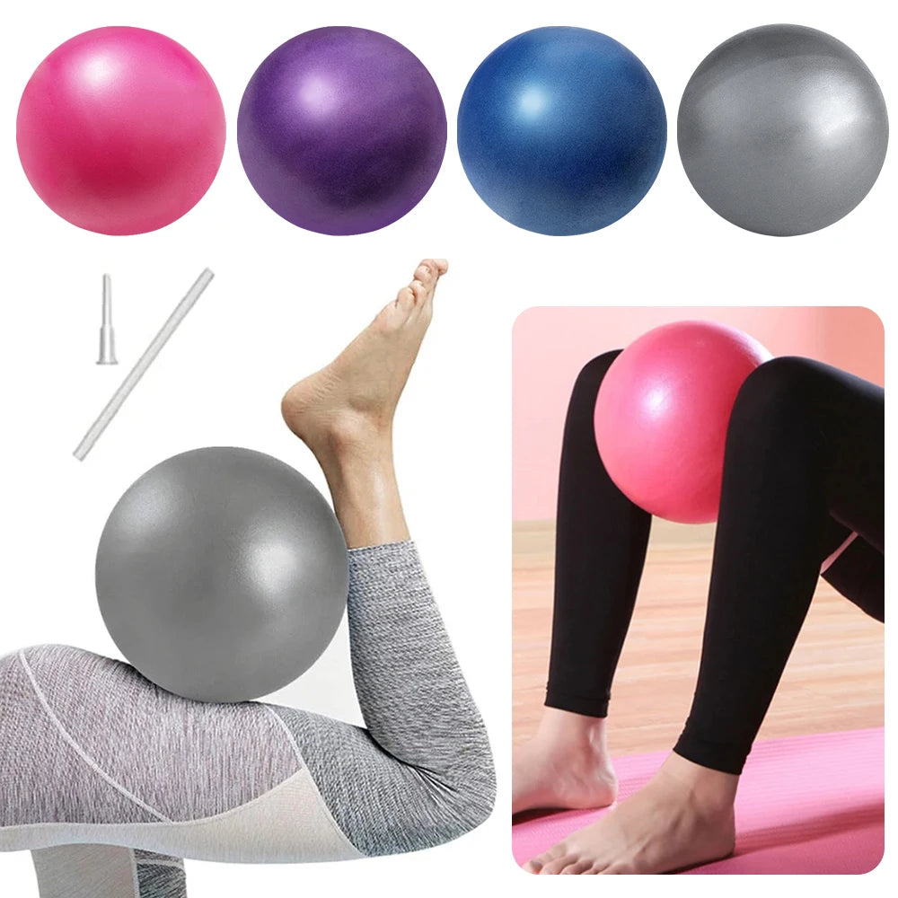 Small yoga pilates balls in pink, purple, blue, and silver, shown being used for leg exercises with an inflation straw.