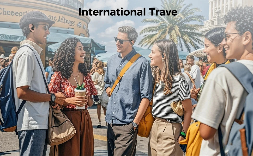 People wearing black open-ear wireless earbuds outdoors in a sunny travel setting.