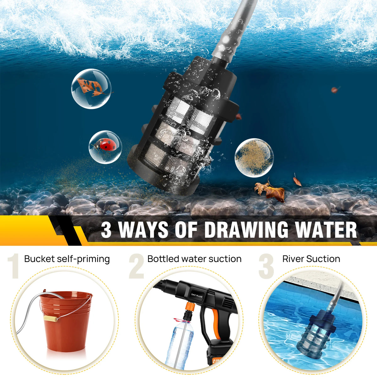 Black cordless pressure washer filter submerged in water with three water-drawing method icons below.