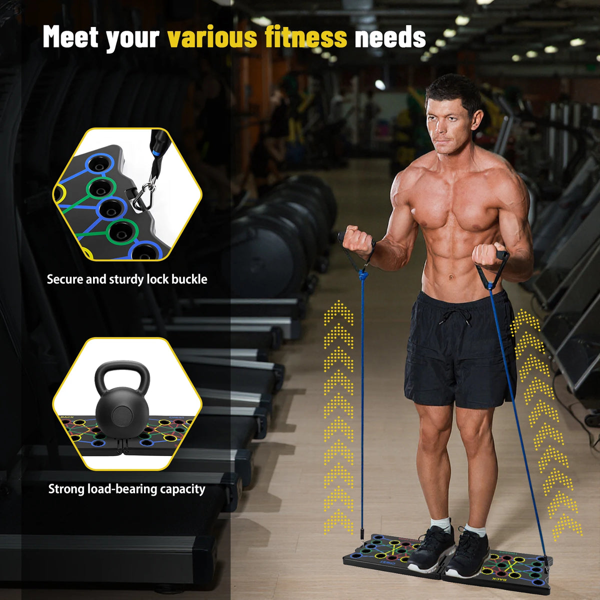 Black foldable push-up board with blue resistance ropes, standing on it while working out in a gym.