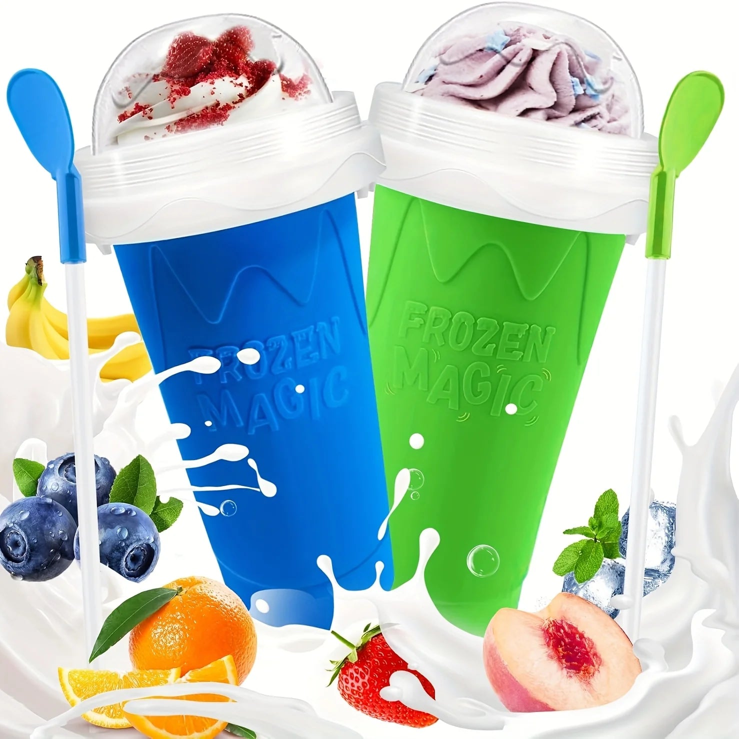Two bright blue and green squeeze cups for making slushies, each topped with a dome lid and matching spoon-straw.