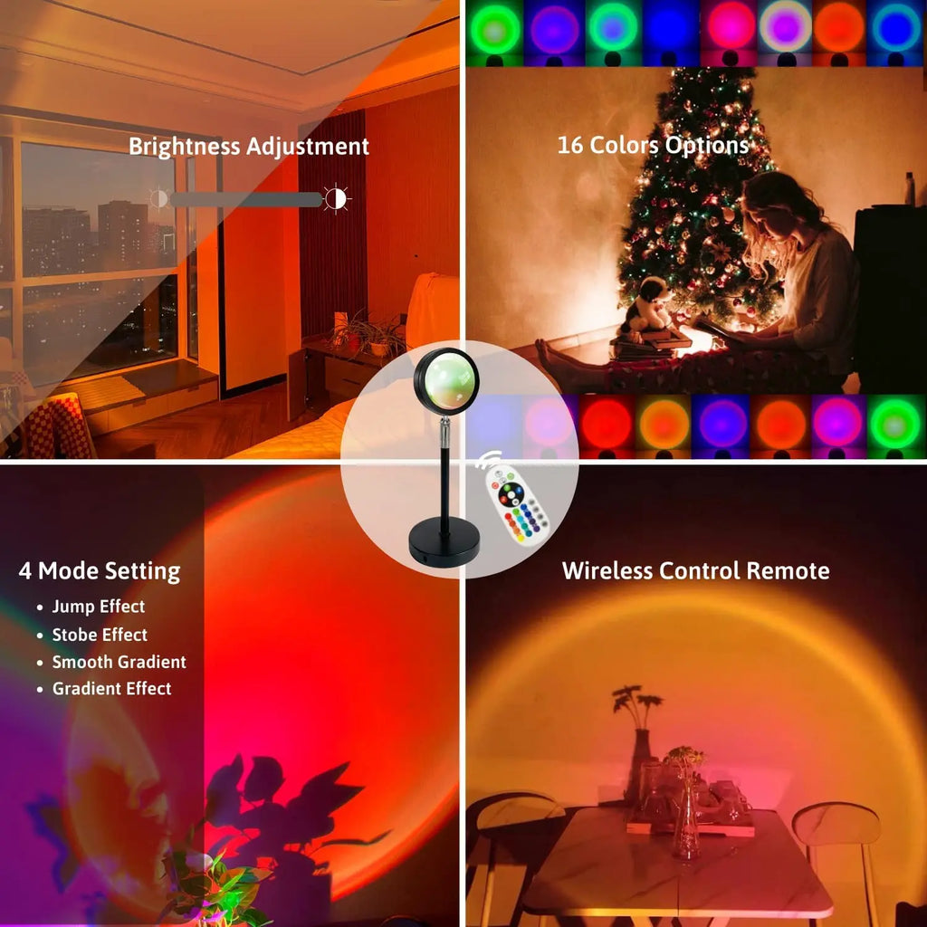 Smart LED sunset projection lamp with remote, 16 colours, adjustable brightness and four lighting modes.