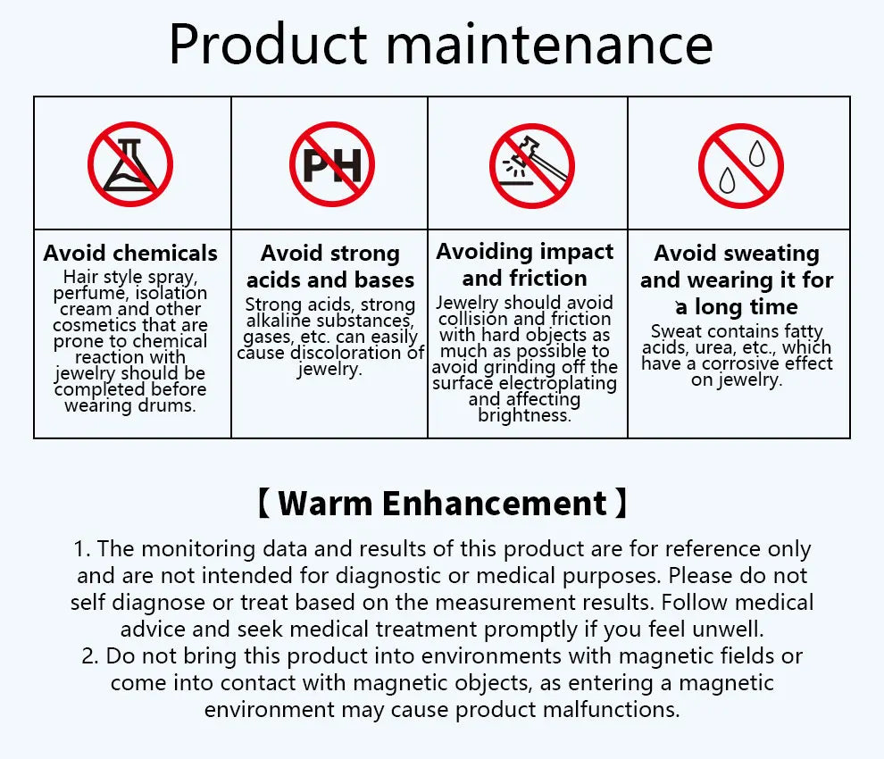 Care instructions for the health tracking ring, featuring icons to avoid chemicals, acids, impact, and excessive sweat.