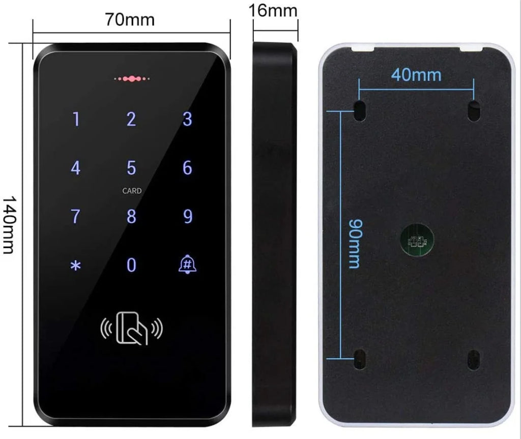Black, rectangular plastic RFID access control keypad with a touch interface, dimensions, and card reader icon.