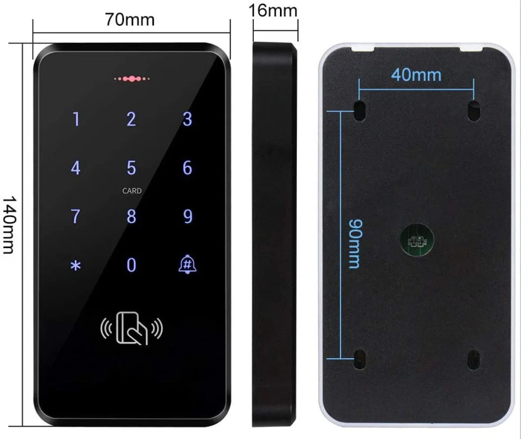Black, rectangular plastic RFID access control keypad with a touch interface, dimensions, and card reader icon.