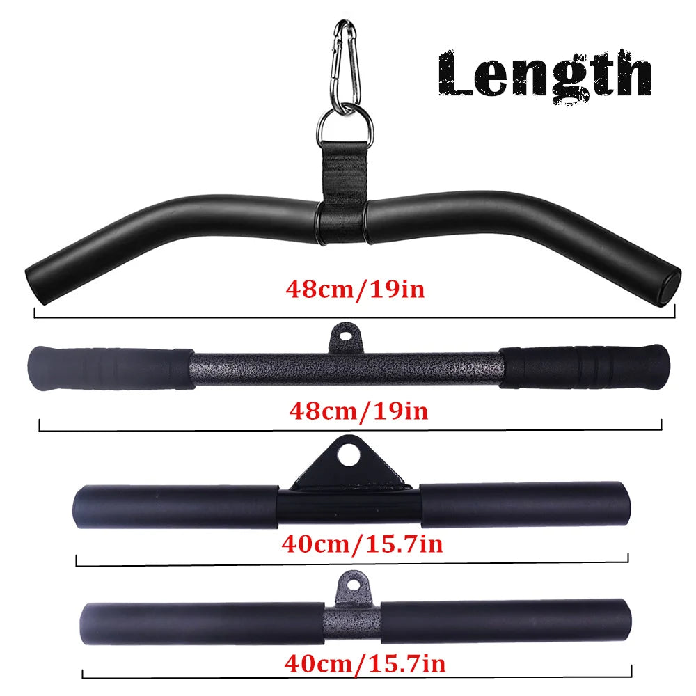 Four black gym lat pull down bars with different lengths of 48cm and 40cm.