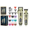 Gold professional cordless hair clippers with digital displays, including multiple colourful guide combs and accessories.