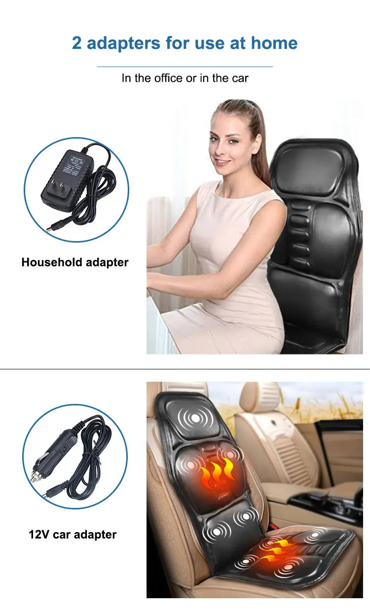 Black electric massage chair cushion with heat and vibration, shown with home and 12V car adapters.