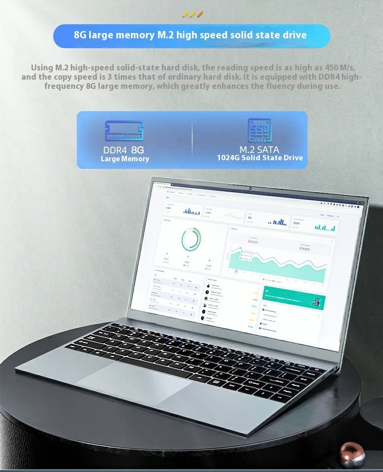 Sleek, silver 14-inch laptop with a black keyboard and a Full HD screen showing a data dashboard.