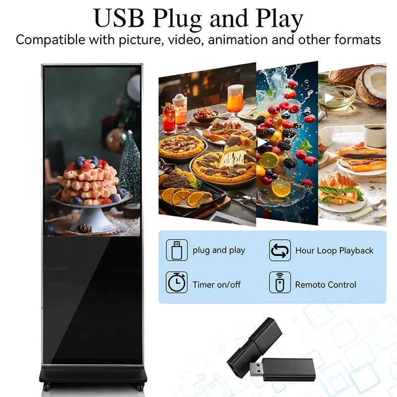 43-inch black floor-standing digital signage kiosk displaying food imagery, with USB plug and play features.