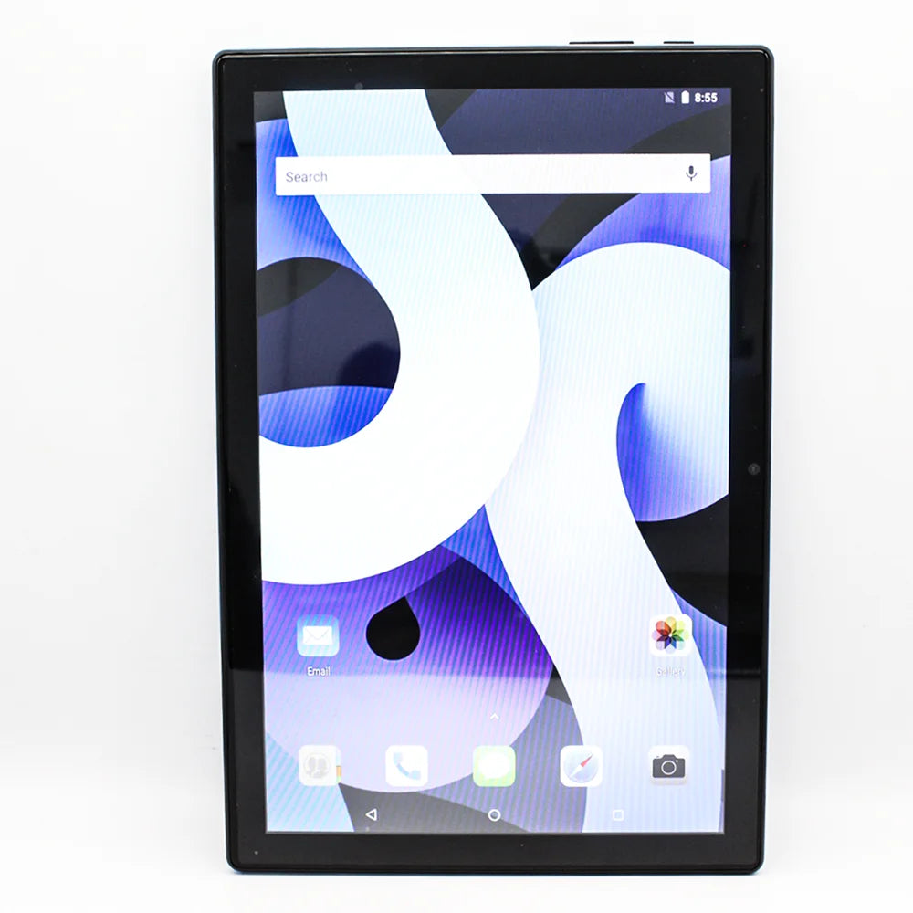 Black 10-inch Android tablet with a slim bezel and a colourful abstract wallpaper on the home screen.
