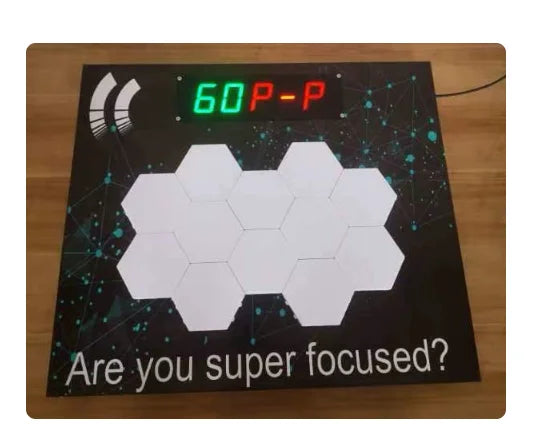 Interactive music reaction game with white hexagonal touch pads, digital score display, and black abstract background.