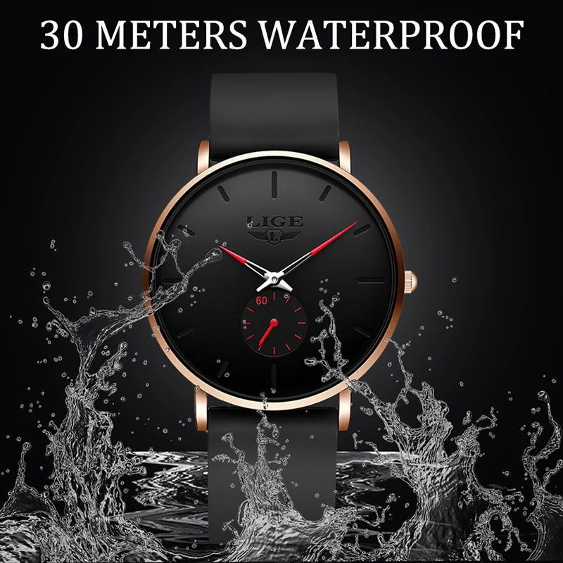 LIGE ultra-thin men's quartz watch with round black dial, rose gold case, red accents, and black silicone strap.