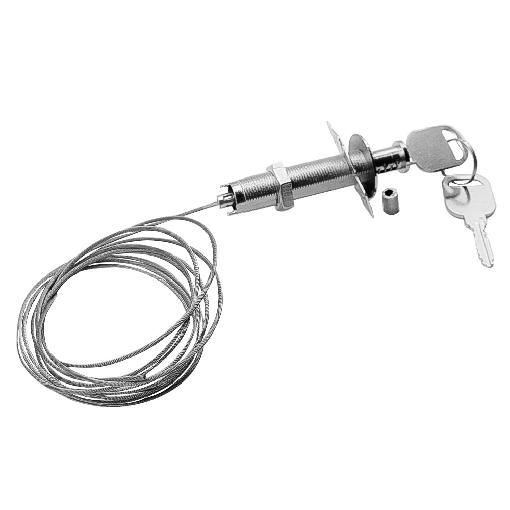 Silver-colored steel cable lock with a threaded cylinder, locking mechanism, keys, and a small metal ferrule.