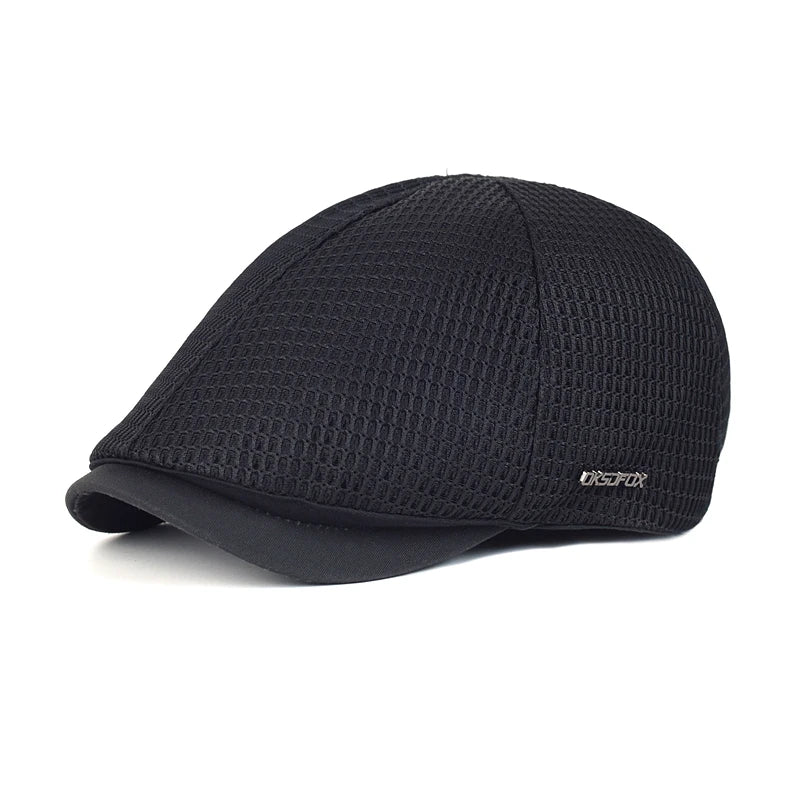 Unisex black flat cap in breathable mesh fabric with a solid brim, isolated on a white background.