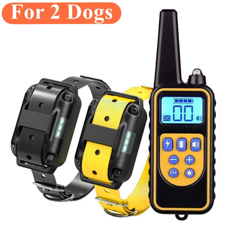 Rechargeable dog training kit for two dogs, with one black and one yellow collar plus a digital remote control.