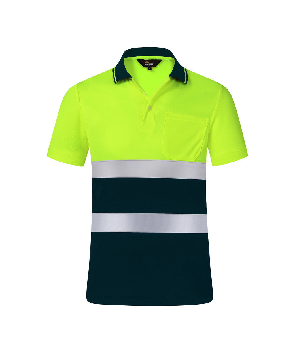 Fluorescent yellow and dark green short-sleeved safety polo shirt with reflective stripes and chest pocket.